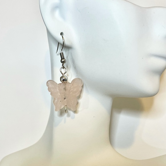Carved Rose Quartz Butterfly Earrings - Picture 12 of 14